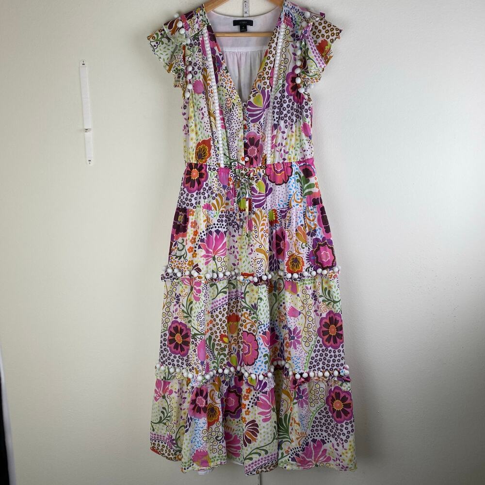 J.Crew Ratti Retro Floral Pom Pom Midi Dress White Size 6 AK624 - Picture 6 of 16
